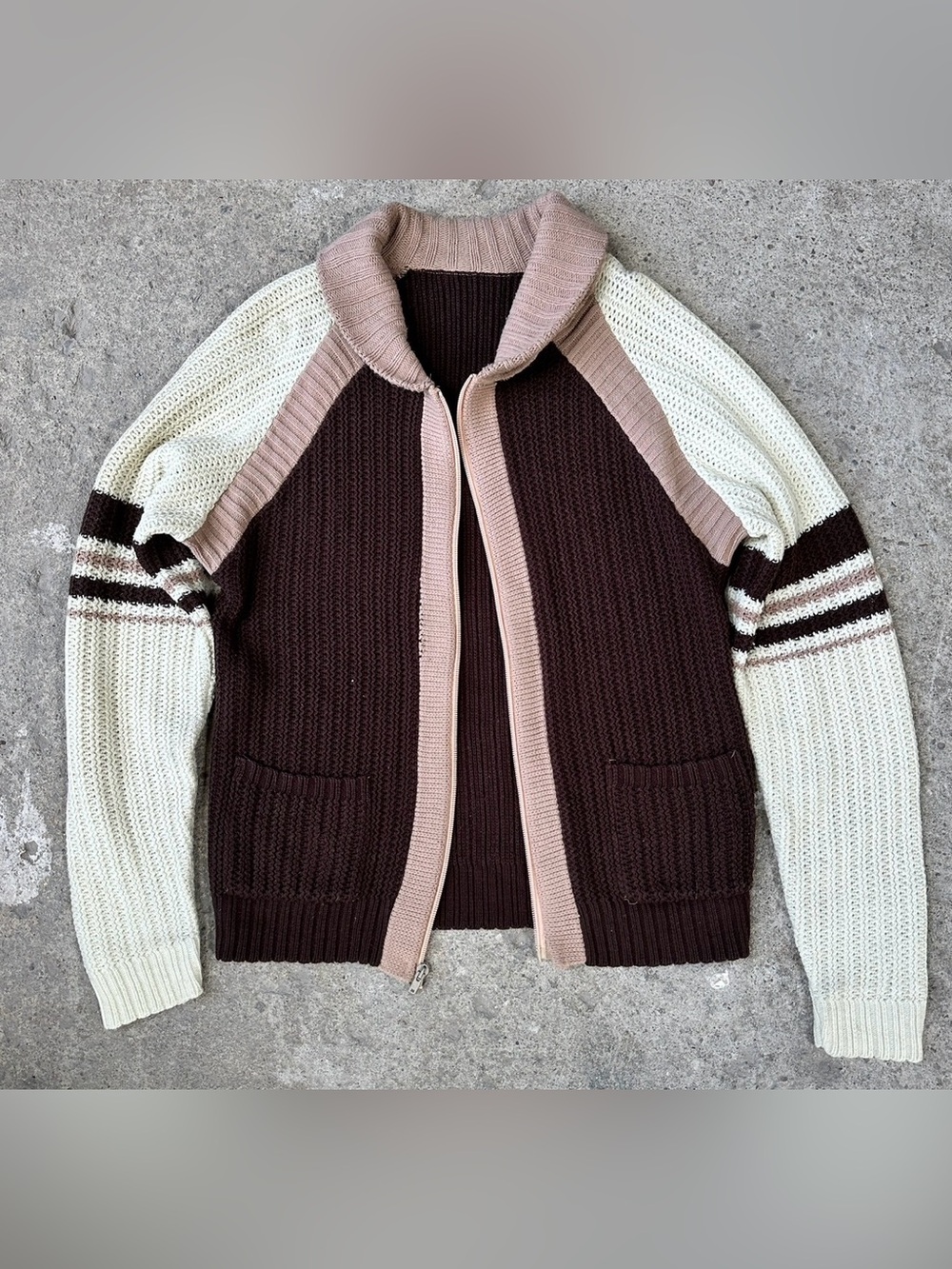 Vintage Brown, Cream & Taupe Colorblock Zip Cardigan